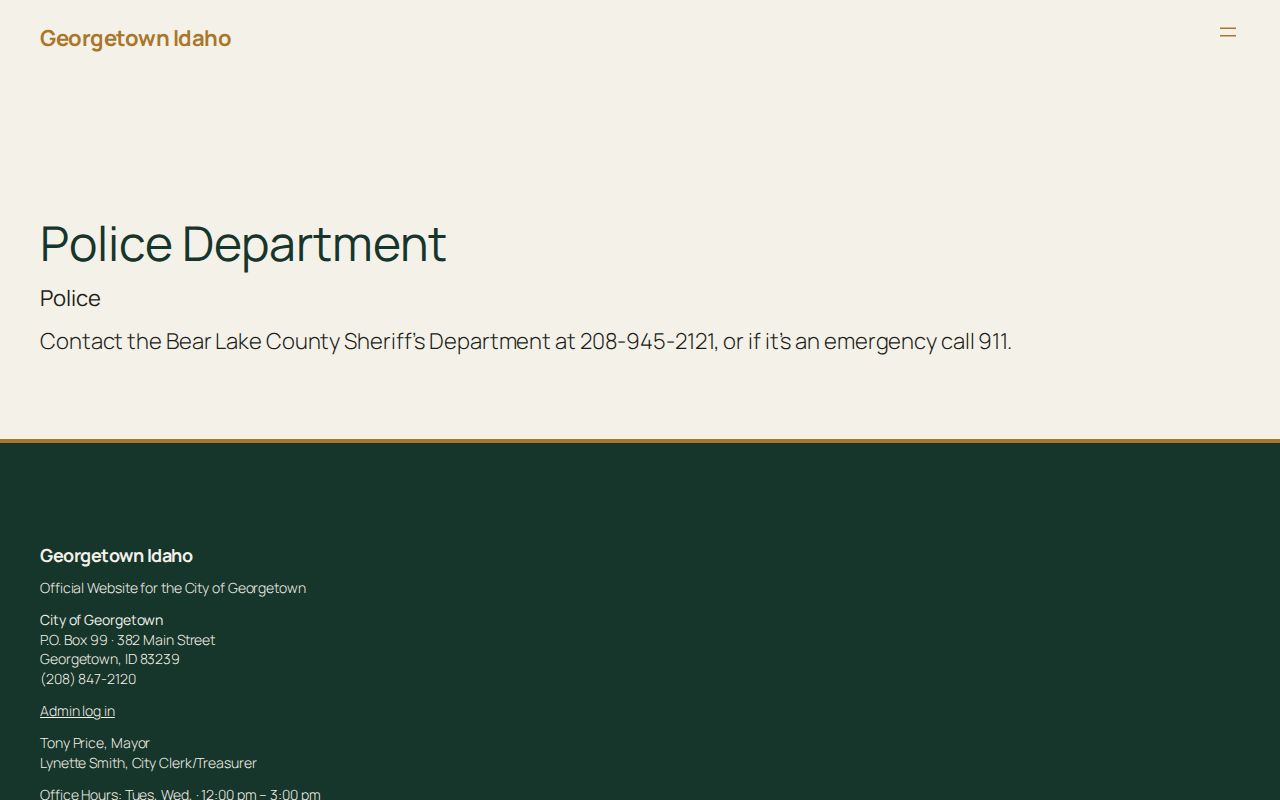 Georgetown Idaho police page routing recent arrest questions to Bear Lake County Sheriff