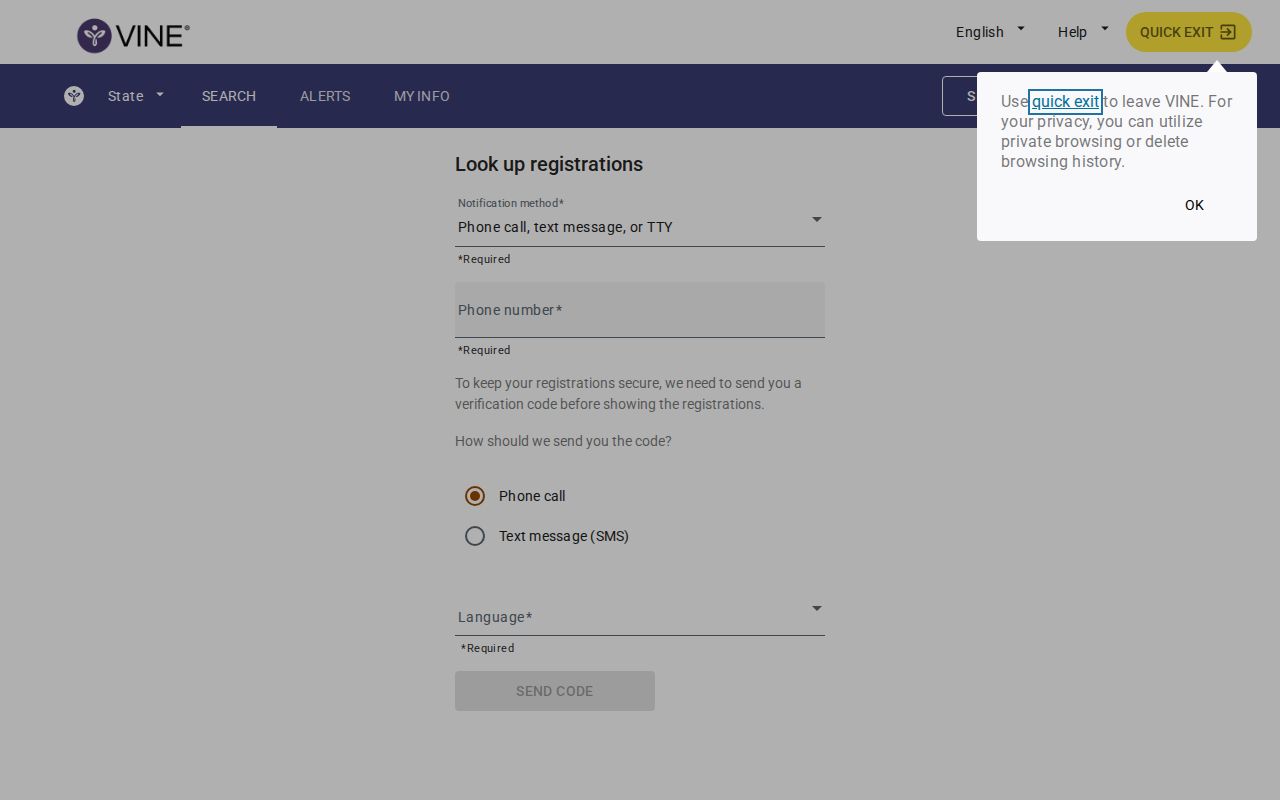 VINELink registration screen for custody status notifications
